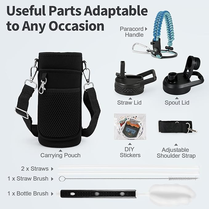 32 oz Insulated Water Bottle with Straw, Stainless Steel Triple Wall Vacuum Sports Water Jug, Leakproof Hydro Cup Flask with Paracord Handle & Straw Spout Lids & DIY Stickers
