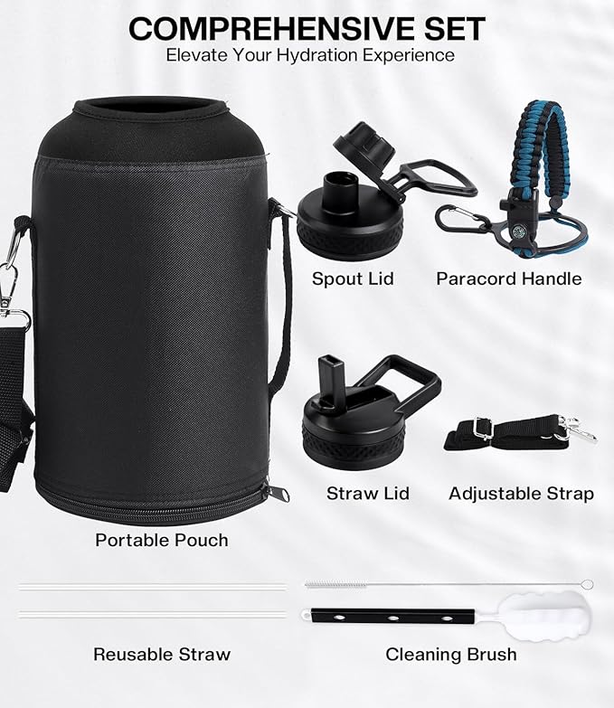 Insulated Gallon Water Bottle(COLD for 36 Hrs), Non-BPA & Leak Proof, 128 oz Stainless Steel Water Jug Large with Paracord Handle, Straw & Spout Lid, Indigo Black