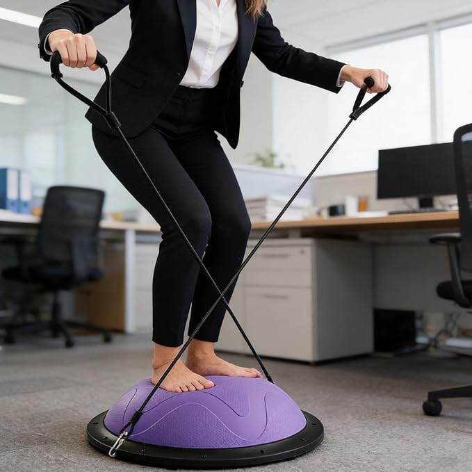 Half Balance Ball Trainer, Half Stability Training Equipment, Balance Strengthen Ball, 46x19cm, Core Muscle Training, Anti-Slip, Foldable Design, with Elastic Cord and Air Pump for Women Yoga Gym