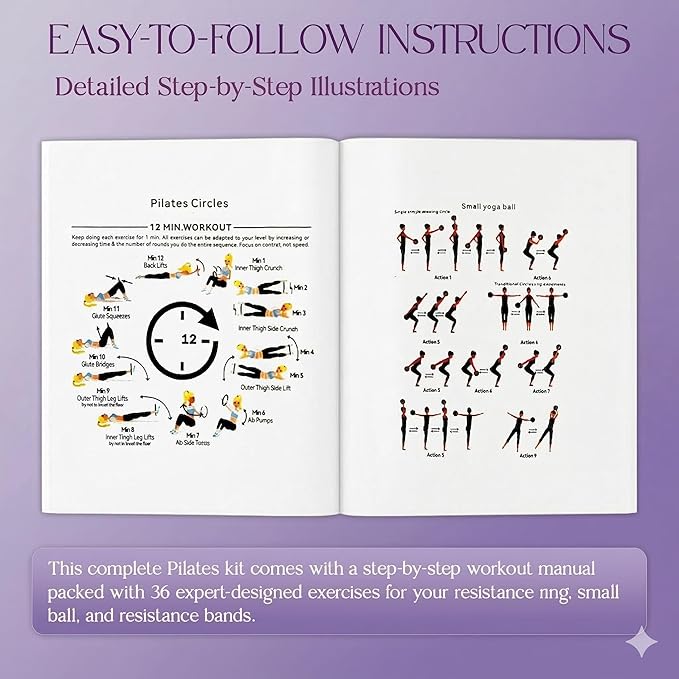 Pilates Kit 14PCS for Women, Pilates Equipment with Pilates Ring Set, Home Pilates Workout Kit, Mini Exercise Ball, Loop Resistance Bands, Stretch Strap, Massage Roller, Grip Socks