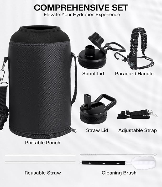 1 Gallon Water Bottle Insulated(COLD for 36 Hrs), Non-BPA & Leak Proof, 128 oz Sports Stainless Steel Water Jug Large with Paracord Handle, Straw & Spout Lid, Magic Black