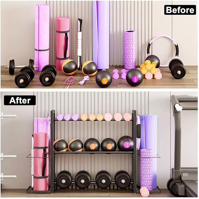 3-Tier Small Adjustable Dumbbell Rack, 450LBS Capacity Home Gym Weight Rack with Yoga Mat Holder & Hooks, Space Saving Workout Equipment Storage Organizer, Tool-free Assembly