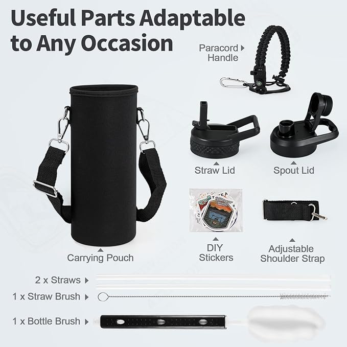 20 oz Insulated Water Bottle with Straw (Cold for 24 Hrs), Stainless Steel Triple Wall Vacuum Sports Water Jug, Leakproof Hydro Cup Flask with Paracord Handle & Straw Spout Lids & DIY Stickers
