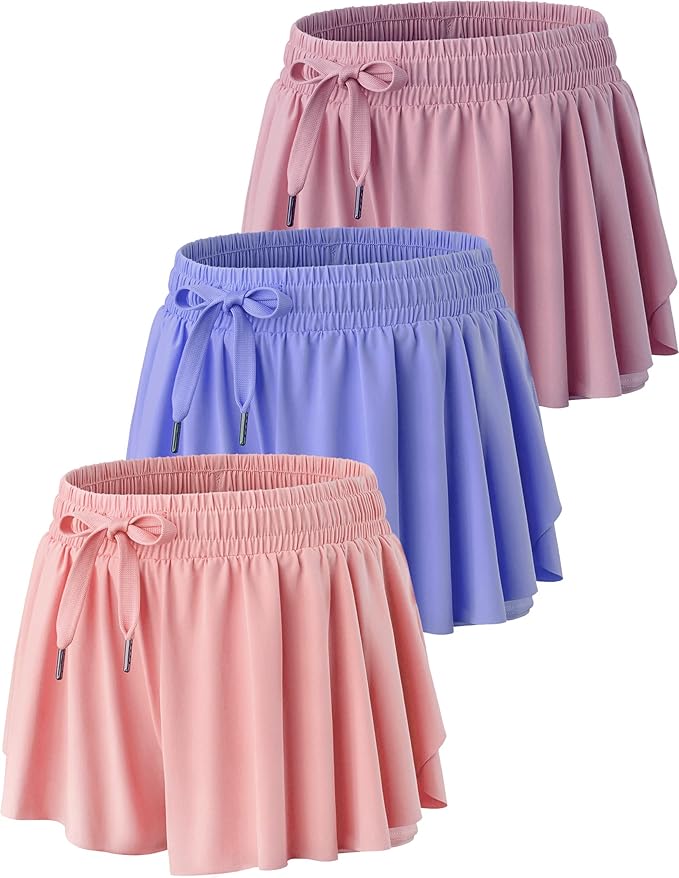 3 Pack Girls Flowy Shorts with Spandex Liner 2-in-1 Youth Butterfly Skirts for Fitness, Running, Sports