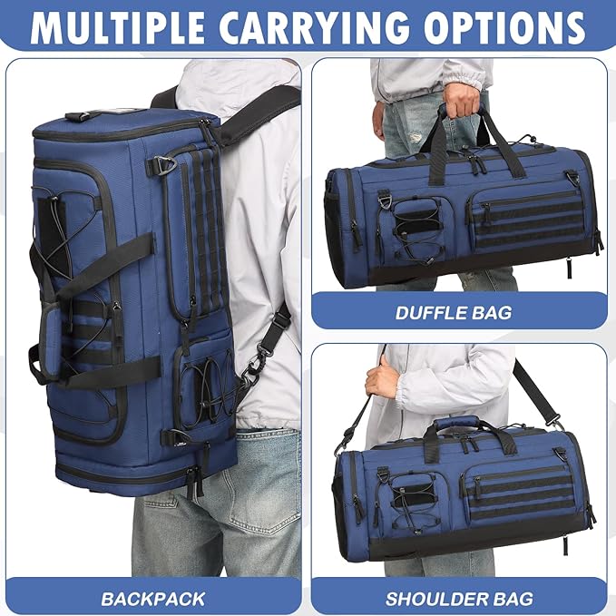 Gym Bag for Men and Women, 50L Extra Large Duffle Bag, 3-in-1 Travel Sports Duffel Bags with Shoe & Laptop Compartment for Overnight Weekender Gym Traveling Workout Deployment, Black+ Blue