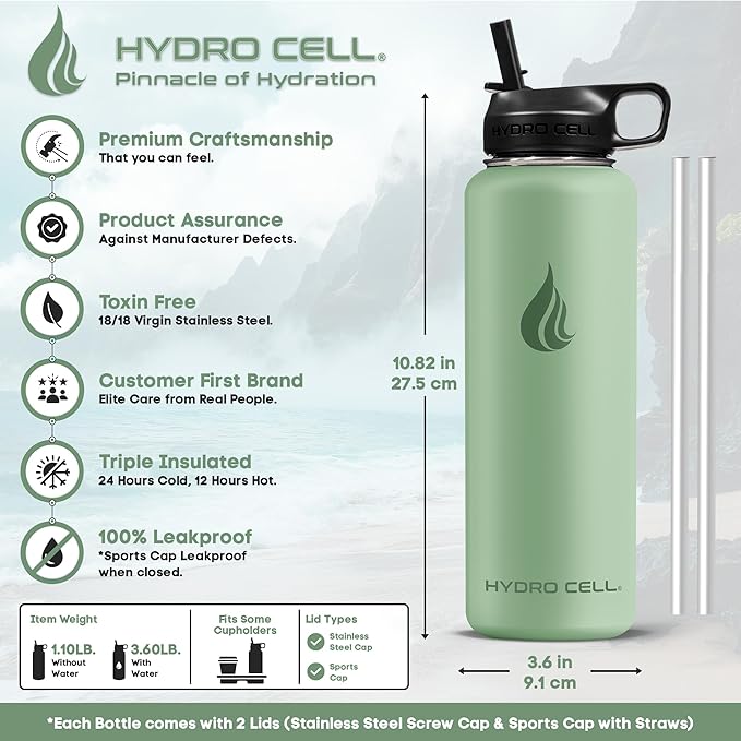 HYDRO CELL Stainless Steel Insulated Water Bottle with Straw - For Cold & Hot Drinks - Metal Vacuum Flask with Screw Cap and Modern Leakproof Sport Thermos for Adults (Sage 40oz)
