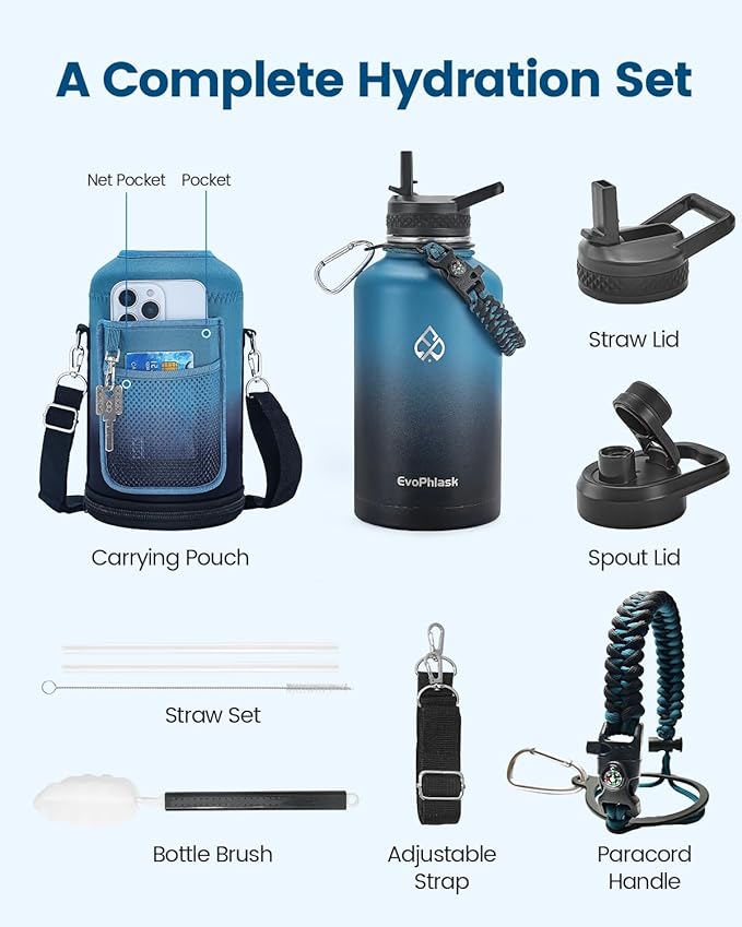 Insulated Water Bottle 64 oz, Vacuum Stainless Steel Water Bottle Keep Cold 48Hrs, Half Gallon Large Water Jug for Travel, Sport, Gym, Hiking with Carrier Bag, Indigo/Black
