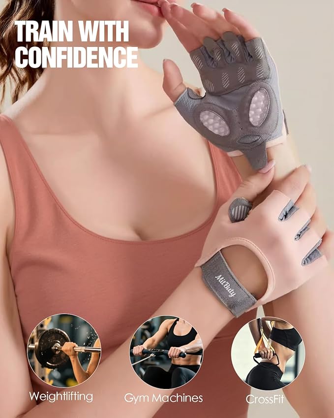 Workout Gloves for Men & Women – Fingerless Gym Gloves for Weight Lifting, Crossfit, Fitness, Exercise & Training with Silicone Grip Dots for Secure Hold & Palm Padding Protection