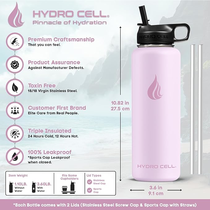 HYDRO CELL Stainless Steel Insulated Water Bottle with Straw - For Cold & Hot Drinks - Metal Vacuum Flask with Screw Cap and Modern Leakproof Sport Thermos for Adults (Pink 40oz)