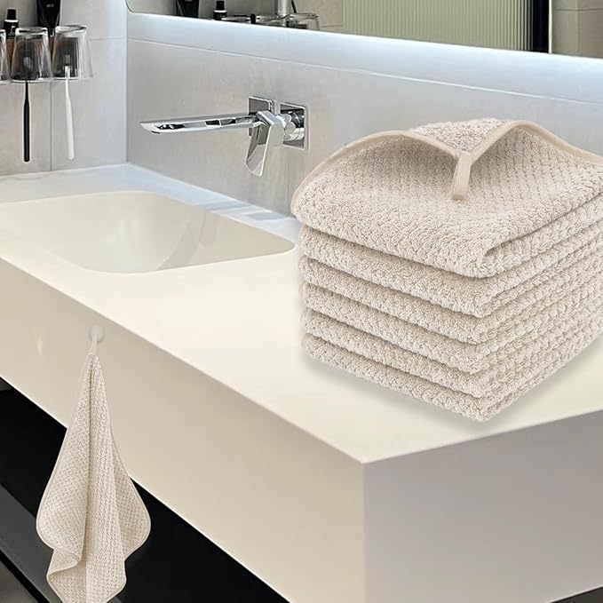 6 Piece Washcloth Set Set,100% Microfiber - Quick Dry, Thick, Soft, Plush and Highly Absorbent Luxury Hotel & Spa Bath Towel for Bathroom, Pack of 6, Khaki
