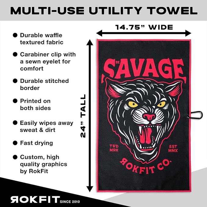 RokFit Gym & Golf Towel – Multi-Use, Quick-Dry, Durable Utility Towel with Bold Graphic and Carabiner Clip (Be Savage)