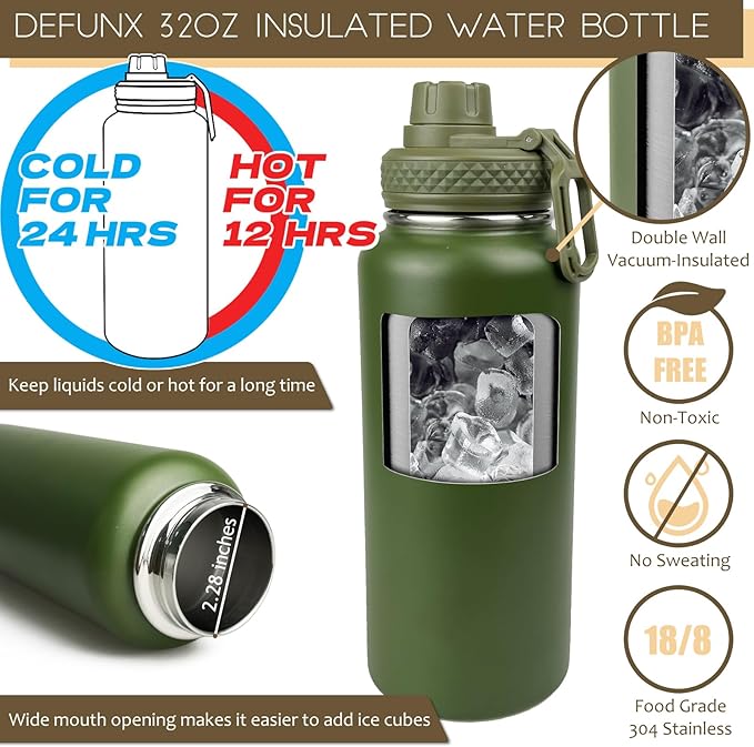 32 Oz Water Bottle with Sleeve - Insulated Bottle with Strap Stainless Steel Gym Water Bottles for Men Sports Workout Hiking Camo Green