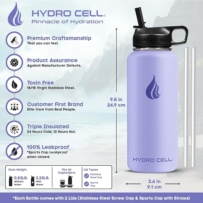 HYDRO CELL Stainless Steel Insulated Water Bottle with Straw - For Cold & Hot Drinks - Metal Vacuum Flask with Screw Cap and Modern Leakproof Sport Thermos for Adults (Lilac 32oz)