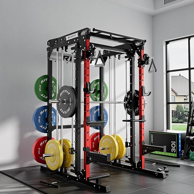 RitFit M2 Smith Machine with with Cable Crossover System, 3D Functional Trainer & Power Cage, 16 Adjustment Holes, 6 Storage Pegs for Full-Body Home Gym