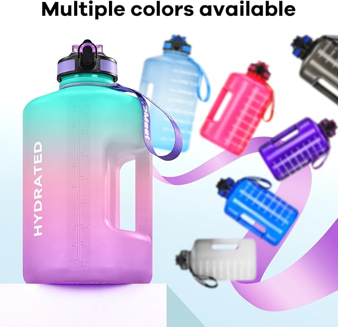 Gallon Sport Water Jug with Time Marker and non-slip handle, Sports Motivational Water Bottle, Wide Mouth with Easy Clean Brush for Outdoor, Fitness, Gym