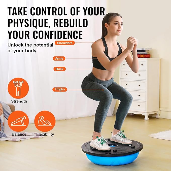 Half Exercise Ball Trainer 23 inch Balance Ball Trainer 1500lbs Capacity Stability Ball with Resistance Bands & Foot Pump, Strength Fitness Ball for Home Gym Full Body Workout