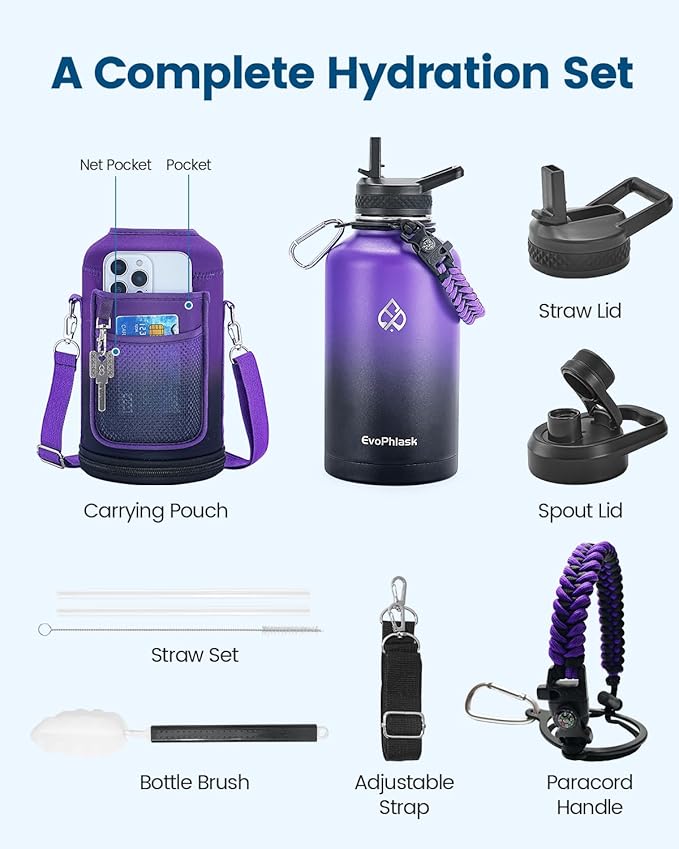 Insulated Water Bottle 64 oz, Vacuum Stainless Steel Water Bottle Keep Cold 48Hrs, Half Gallon Large Water Jug for Travel, Sport, Gym, Hiking with Carrier Bag, Purple/Black