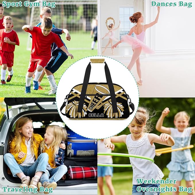 Personalized Gym Bag Cheer Bag Kids Girls, Custom Name Weekender Gymnastics Cheerleading Training Bag for Women Traveling Business Trip, Yellow Gold Glitter Black