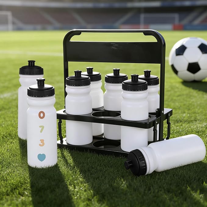 2026 Upgraded Water Bottle Carrier with 8pcs 20 oz Bottles and Stickers, Plastic Wide Squeeze Water Sports Bottles, Foldable Water Bottle Carrier, Soccer Water Bottles, Sports Team, Fitness Bike Gym