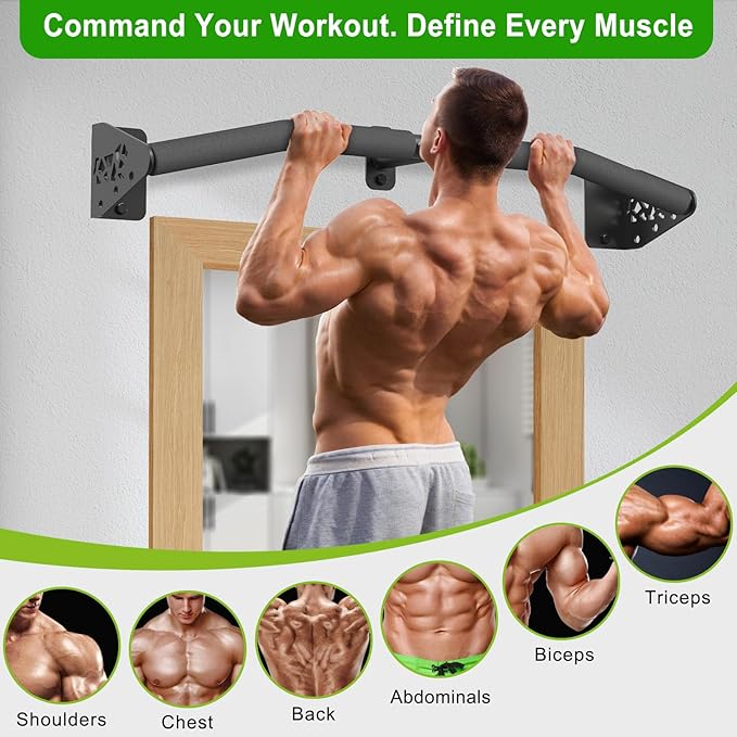 SELEWARE Heavy Duty Wall Mount Pull Up Bar, Joist Mount Chin Up Bar for Doorway, Sturdy Steel Construction, w/Resistance Band Hooks, Fits 32"/36" Wall Studs for Home Gym Strength Training
