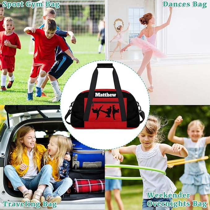 Custom Sports Gym Bag for Boys, Personalized Sports Gym Duffel Tote Workout Bag Named Rank Travel Overnight Training Bag, Martial Art Silhouette Black Red