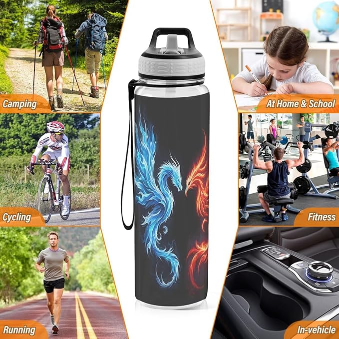 ALAZA Dragon Phoenix on Black Sports Water Bottle with Straw Tritan Drink Bottle 32 oz BPA Free Reusable for Travel Outdoor Fitness
