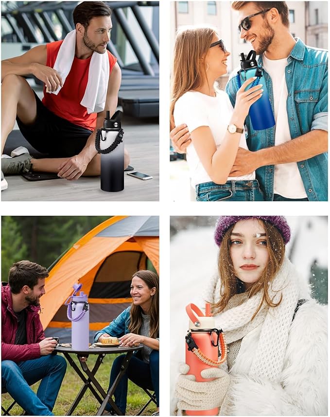 BENZZO 40 oz Insulated Water Bottle - w/Straw Spout Lids, Paracord Handle, Silicone Boot, Metal Flask Water Bottle Carrier with Strap, Leak Proof Stainless Steel Keep Cold 48h & Hot 24h