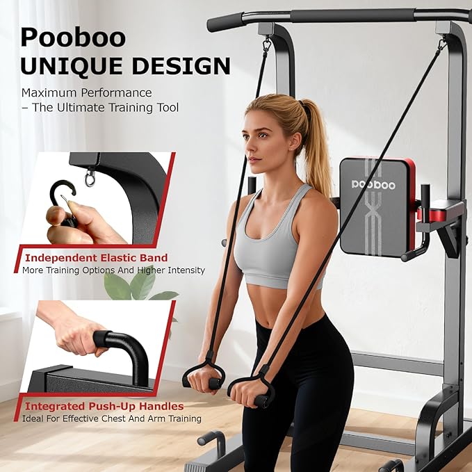Power Tower Dip Station Pull Up Bar for Fitness Home Gym Workout,Multi-Function Adjustable Height Fitness Strength Training Exercise Equipment,with Power Elastic Ropes (Black S01)