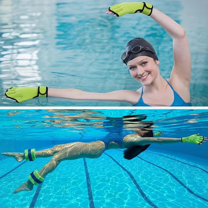 Hungdao Water Aerobics Set for Aquatic Exercise Include Foam Water Dumbbell Swim Aquatic Cuffs Ankle Arm for Sport Swimming Glove Pool Resistance Weights Fitness Equipment for Workout Training
