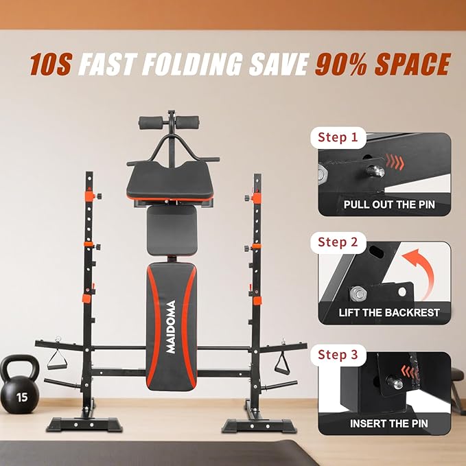 1500LB 8 IN 1 Weight Bench with Lat Pulldown and Leg Extension/Curl, Foldable Bench Press with Preacher Curl & Rack, Workout Benches with Safety Bar Catches for Home Gym(US Stock)