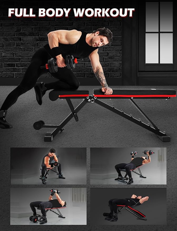 LINODI Adjustable Weight Bench for Home Gym,Foldable Incline Decline Flat Workout Bench for Full Body Strength Training, Dumbbell Press & Ab Exercises