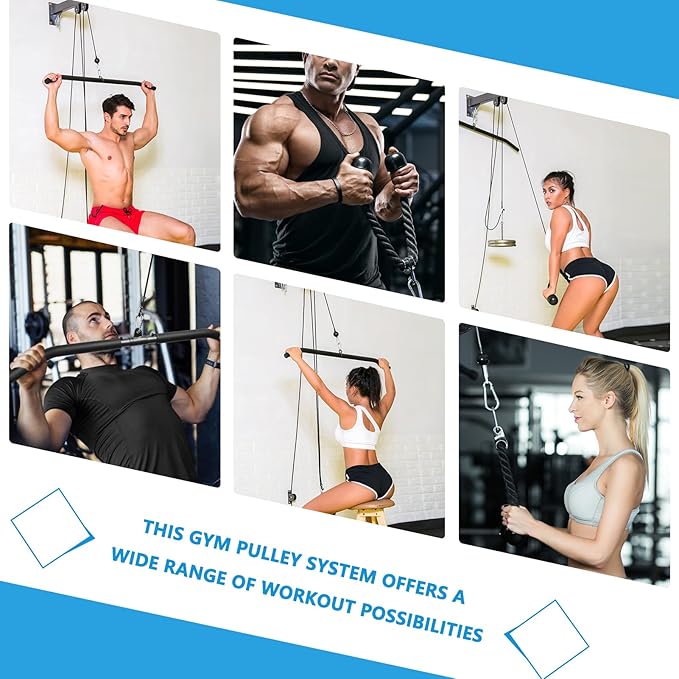 Wall Mounted Pulley System, Low Cable Machine Pulley System for LAT Pulldown, Biceps Curl Home Gym Equipment with Fitness Pull Down Bar, Tricep Rope