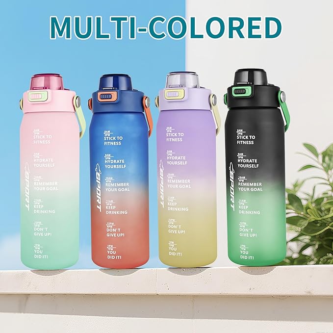 Motivational Water Bottle 32oz with Time Marker- Leakproof & BPA Free Sports Water Bottle with Straw & Carry Strap for Gym, Travel and Outdoor Sports (Blue/Orange Gradient)