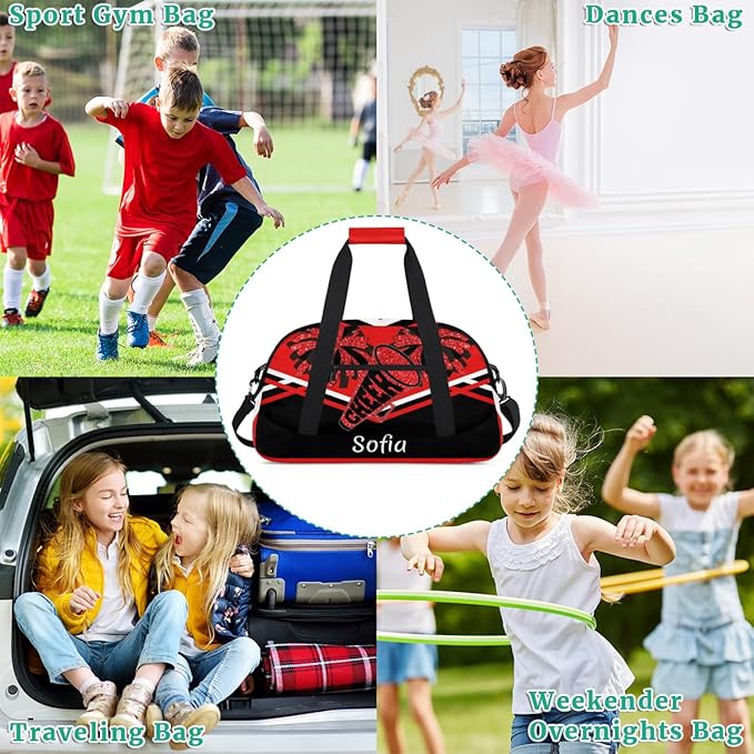 Personalized Gym Cheer Sports Bag Girls, Custom Sport Dance Ballet Duffel Bag Weekender Bags Travel Swimming Shoulder Bag Red Black Design