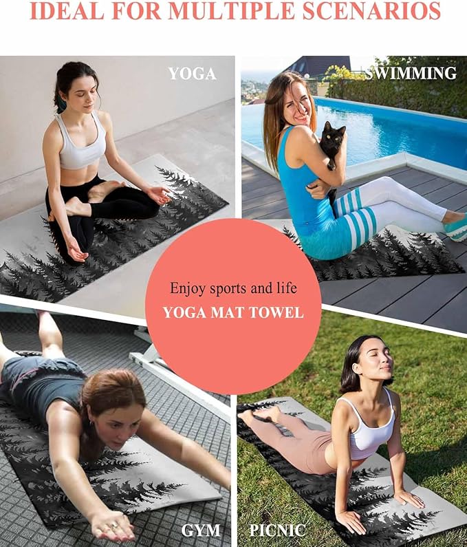 Forest Yoga Mat Towel with Corner Pockets for Hot Yoga Non Slip,Absorbent Yoga Blankets Microfiber Soft Gym Sweat Working Out Fitness Pilates Towels 70"x26" Rustic Grey Foggy Pine Tree Anmal Birds