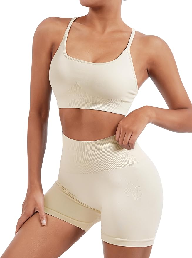SUUKSESS Women Seamless Workout Sets Strappy Sports Bra High Waist Booty Shorts Outfits