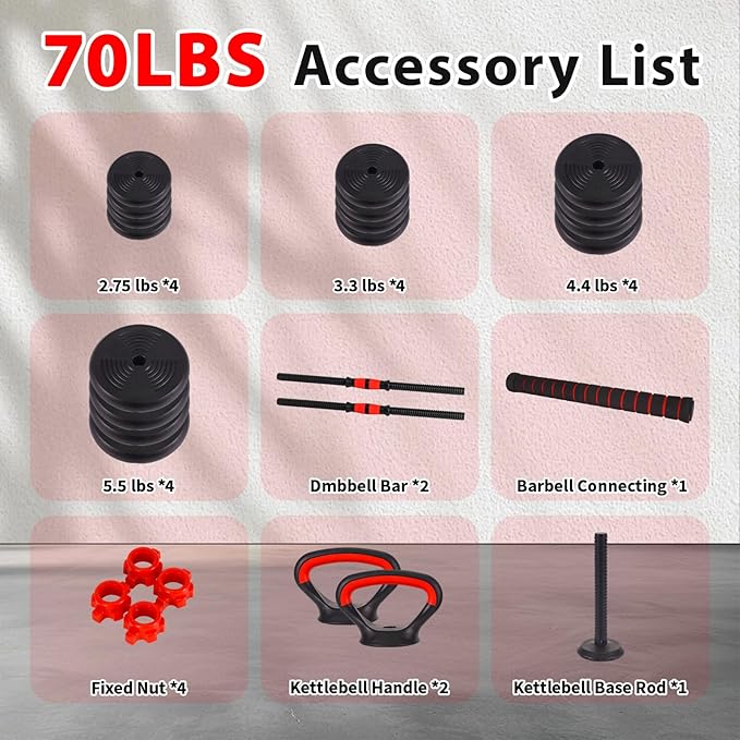 Adjustable Dumbbell Set 20/30/70/90LBS Weight Set for Home Gym Full Body Workout with Multiple Fitness Combinations