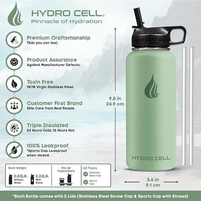 HYDRO CELL Stainless Steel Insulated Water Bottle with Straw - For Cold & Hot Drinks - Metal Vacuum Flask with Screw Cap and Modern Leakproof Sport Thermos for Adults (Sage 32oz)