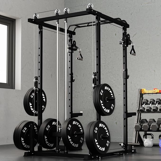 RitFit Multi-Function Garage & Home Gym Package Includes 1200LBS Power Cage PPC03/P3 with Cable Crossover System, Weight Bench, Olympic Barbell Weight Set, Full Body Workout