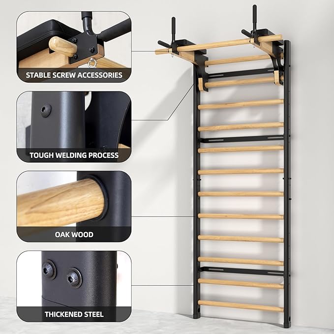 Swedish Ladder Pro, Wood Stall Bar with Push-Through Bar, Adjustable Pull-Up Dip Bar for Adults and Kids, Accessories Bundle, Spring, for Home, School, Physical Therapy and Gymnastics