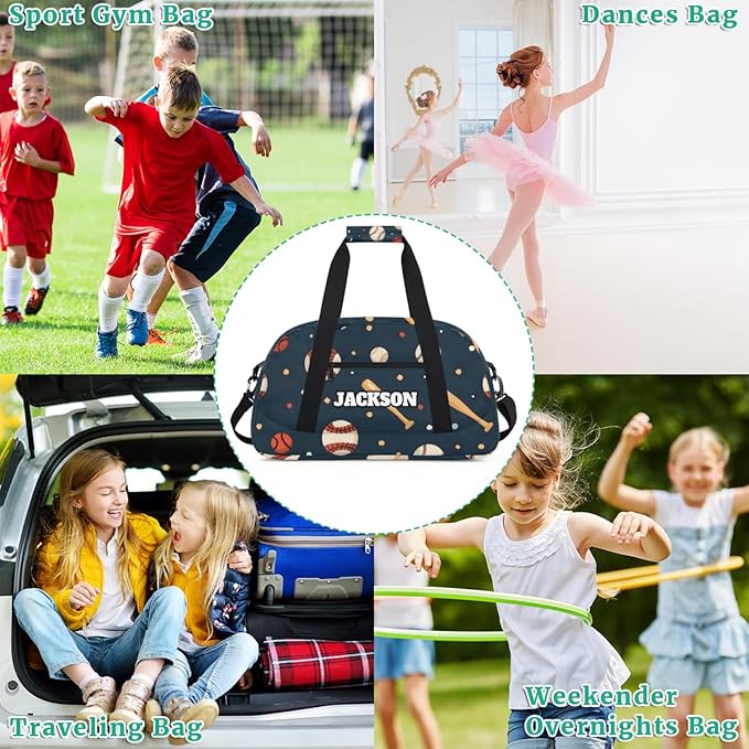 Personalized Baseball Gym Duffel Bags for Kids Boys with Custom Name Sport Training Travel Bags for Overnight Weekender, Dark Blue
