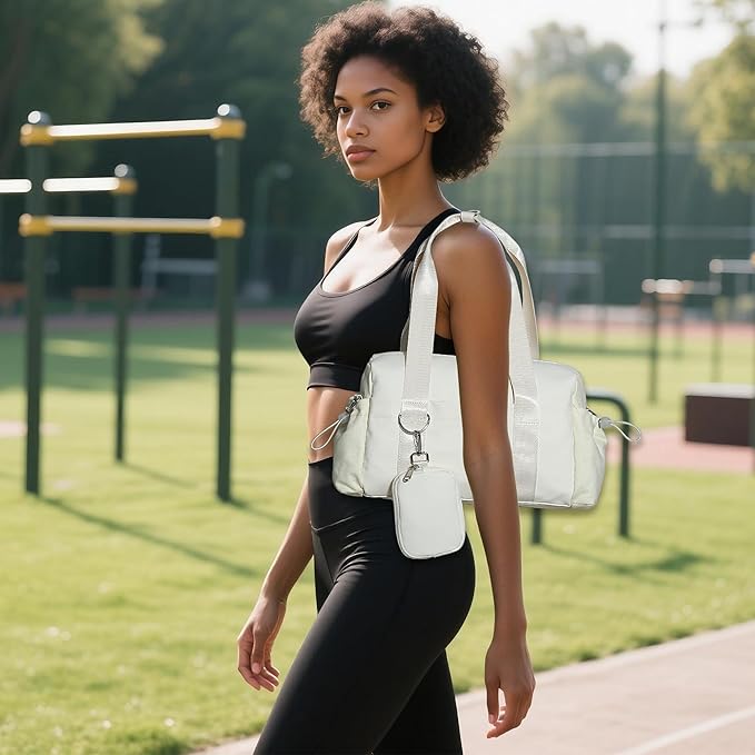 Everyday Mini Gym Bag for Women 2.0, Small Tote with Zipper Compartment Waterproof Travel Duffle Cute Handbag Workout Carry On with Removeable Shoulder Strap & Coin Wallet Easy to Clean - Beige