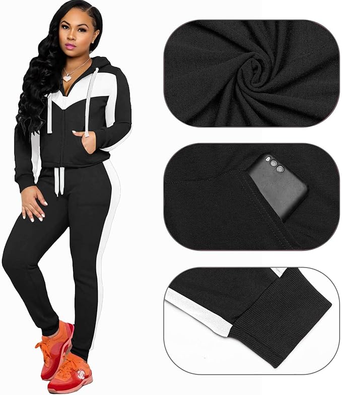 CLOCOR Track Suits for Women Set - Casual 2 Piece Outfits Sweatsuit Pocket Hoodies Long Sleeve with Patchwork Pants Set