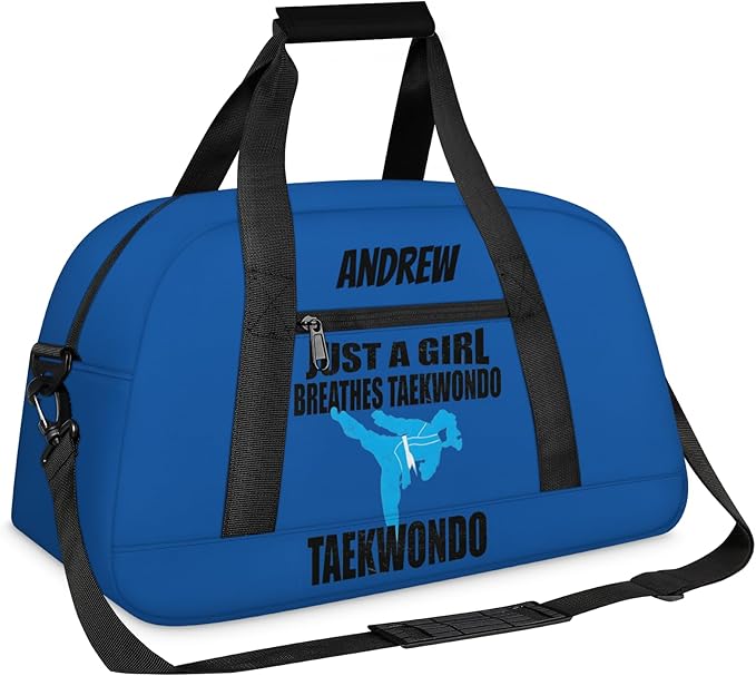 Custom Name Taekwondo Karate Duffle Bag for kids Girls - Personalized Martial Arts Gear Bag, Water-Resistant Sparring Equipment Bag, Taekwonbo Blue