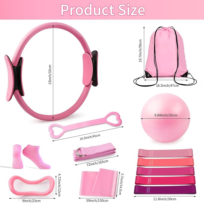 Home Pilates Essentials Kit for Women,Pilates Ring and Ball Magic Circle Booty Bands 8 Resistance Band Toning Fitness Essentials Starter Set Accessories(Pink)