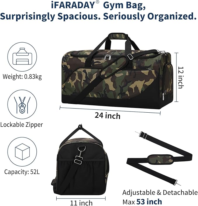 52L Men's Gym Bag with Shoe Compartment - 24-inch Duffle Bag for Travel, Sports, Fitness & Workout (Camo)