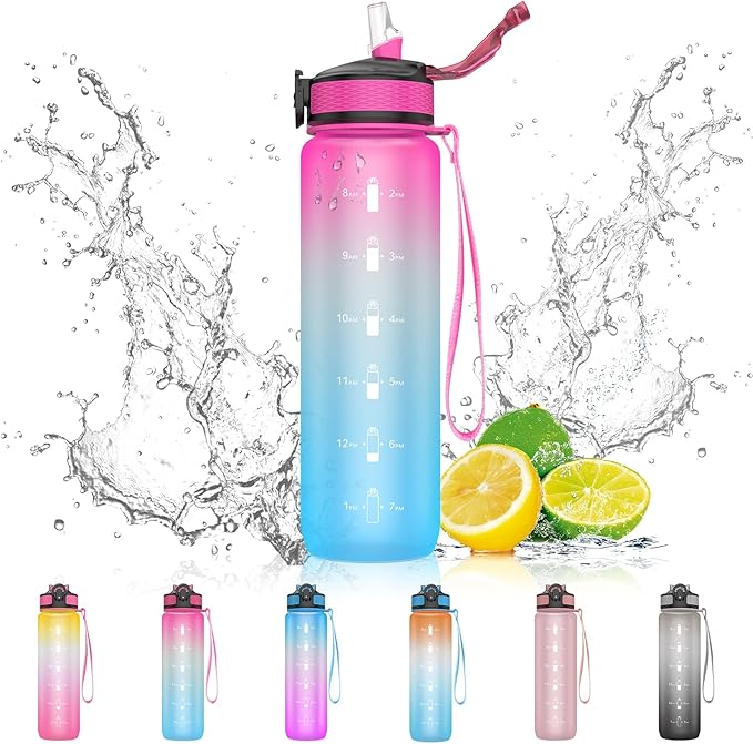 EYQ 32 oz Water Bottle with Time Marker, Carry Strap, Leak-Proof Tritan BPA-Free, Ensure You Drink Enough Water for Fitness, Gym, Camping, Outdoor Sports