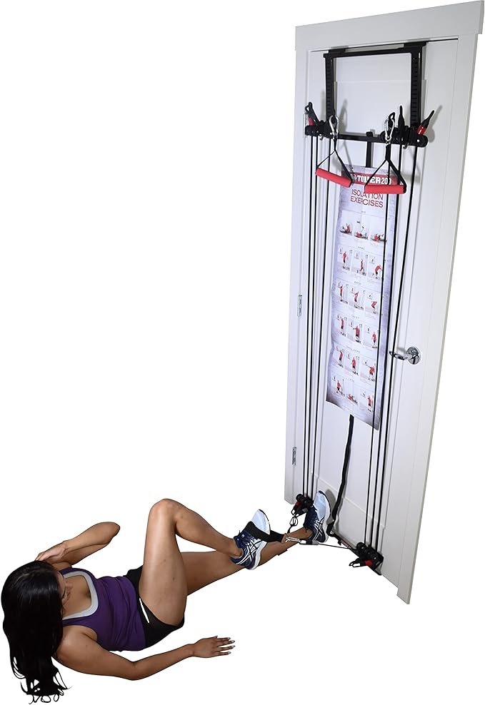Complete Door Gym Full Body Workout | Home Gym Fitness Exercise System Total Body Strength Training | Includes Heavy Duty Resistance Bands, Straight Bar, 2x Hand Grips, 2x Ankles Straps, DVD