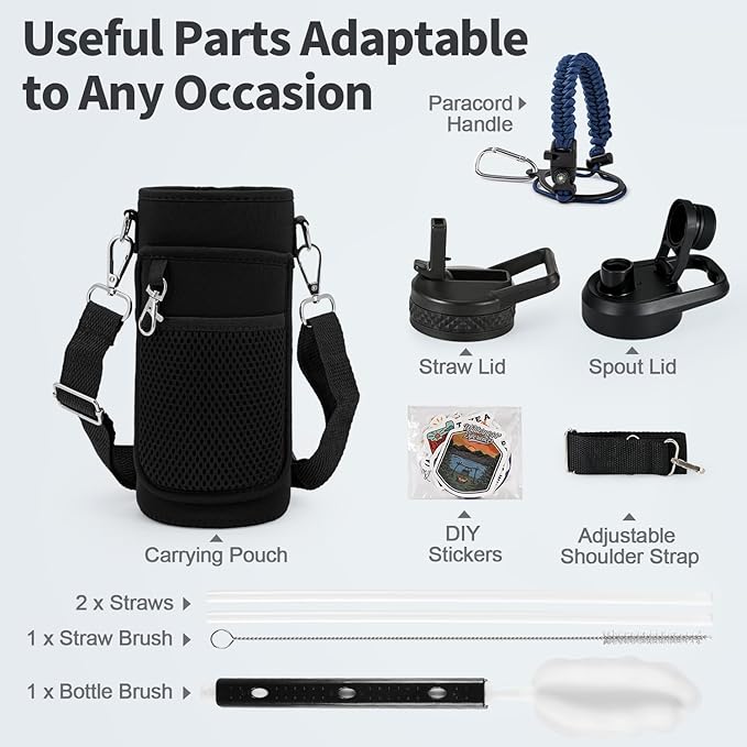 32 oz Insulated Water Bottle with Straw, Stainless Steel Triple Wall Vacuum Sports Water Jug, Leakproof Hydro Cup Flask with Paracord Handle & Straw Spout Lids & DIY Stickers