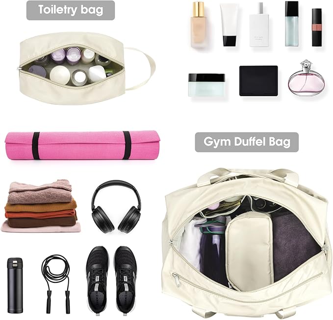 Ceneda 20" Gym Bag for Women with Wet Pocket & Shoe Compartment, Lightweight Duffel Waterproof Carry On Duffle for Travel, Yoga, Overnight (Ivory)